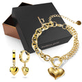 Boxed Lovely Heart Charm Dual Link Bracelet and Ruby Love Huggie Earrings Set in Gold