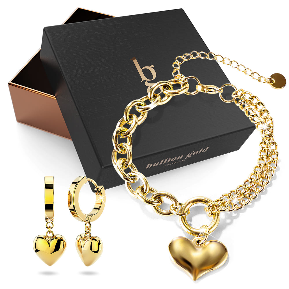 Boxed Lovely Heart Charm Dual Link Bracelet and Ruby Love Huggie Earrings Set in Gold
