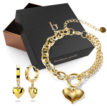 Boxed Lovely Heart Charm Dual Link Bracelet and Ruby Love Huggie Earrings Set in Gold