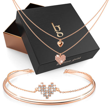 Boxed Pixel Heart Layered Necklace and Bangle Set in Rose Gold Layered Stainless Steel
