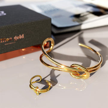 Boxed Forever Knot Gold Titanium Cuff Bangle & Ring Set in Gold