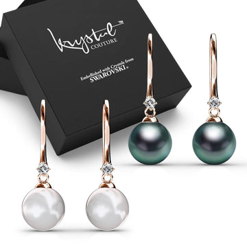 Boxed 2 Pairs Magnificent Pearl Hook Earrings SetÊEmbellished with Swarovski® Crystal Iridescent Tahitian Look Pearls in Rose Gold - Brilliant Co