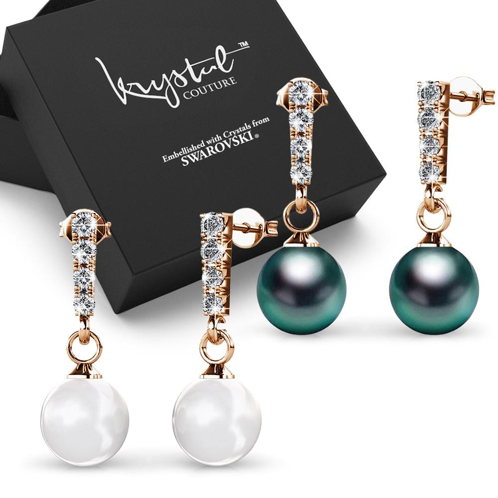 Boxed 2 Pairs Lustrous Earrings Set Embellished with Swarovski® Crystal Iridescent Tahitian Look Pearls in Rose Gold - Brilliant Co