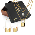 Boxed Dainty Lock Earrings and Pearl Necklace Set in Gold