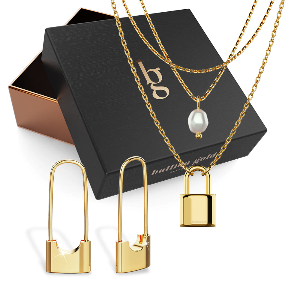 Boxed Dainty Lock Earrings and Pearl Necklace Set in Gold