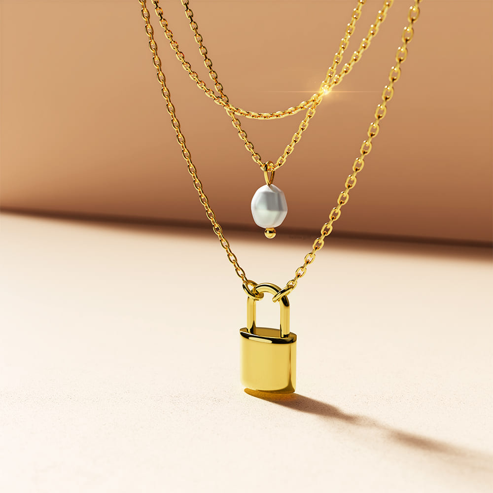 Boxed Dainty Lock Earrings and Pearl Necklace Set in Gold