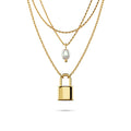 Boxed Dainty Lock Earrings and Pearl Necklace Set in Gold