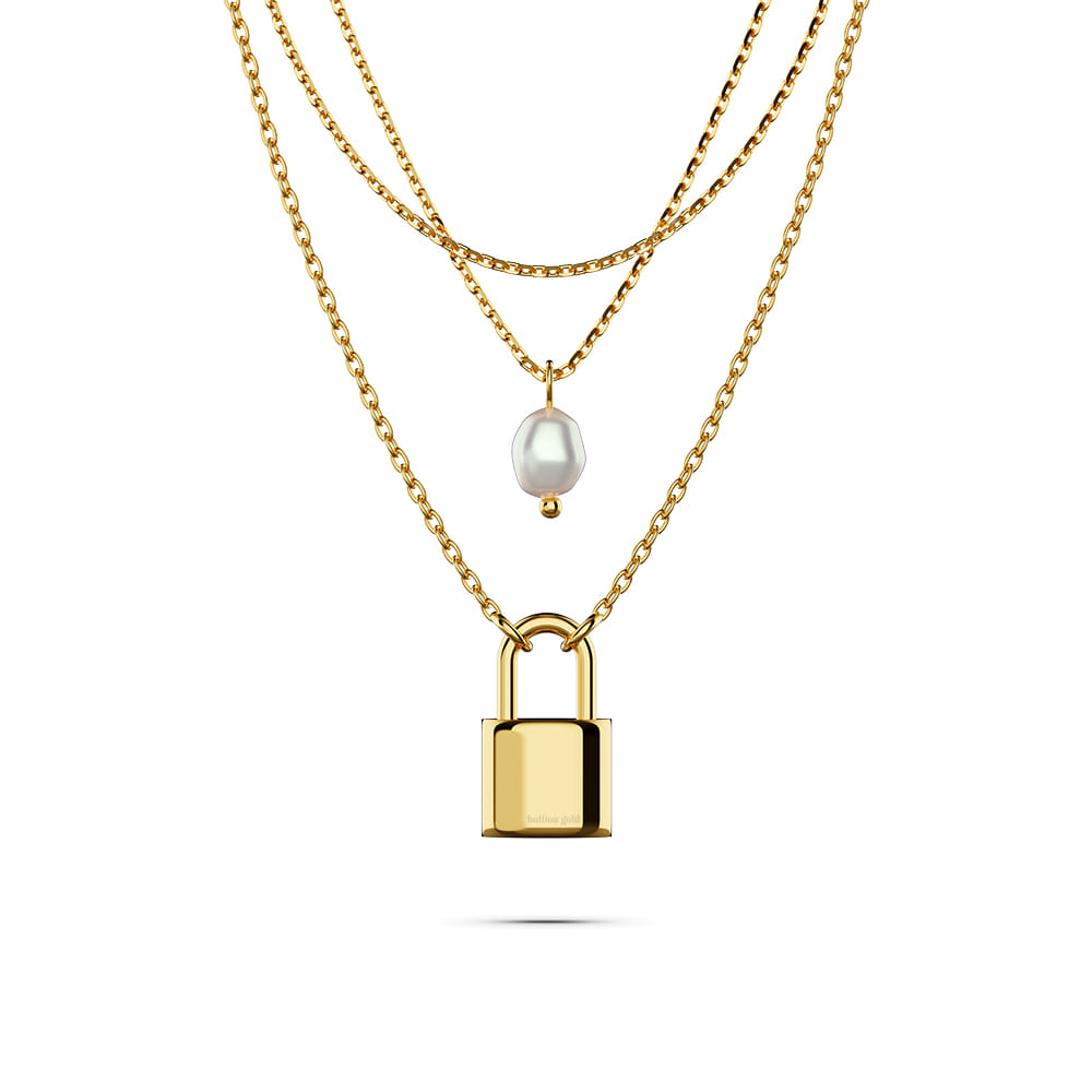Boxed Dainty Lock Earrings and Pearl Necklace Set in Gold