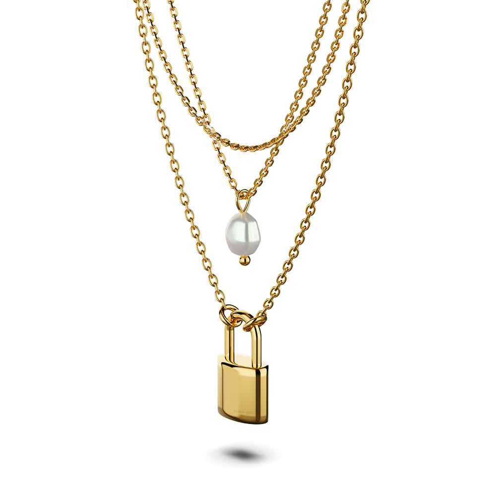 Boxed Dainty Lock Earrings and Pearl Necklace Set in Gold