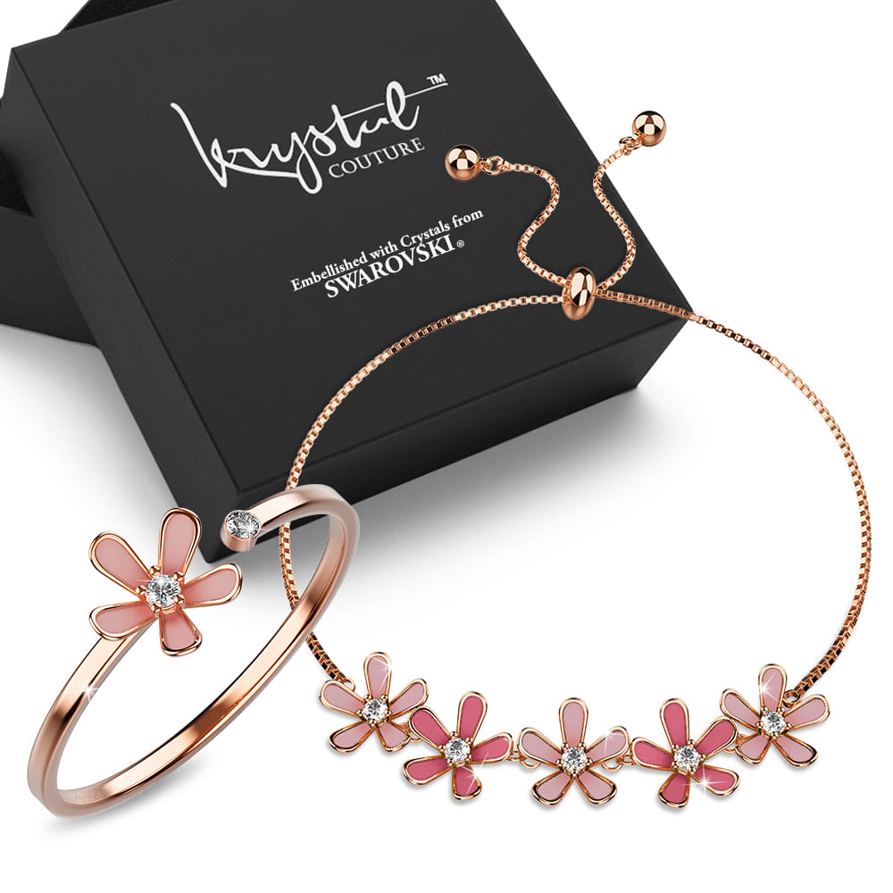 Boxed Petalia Pink Ring and Bracelet Featured Swarovski® Crystals in Rose Gold