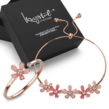 Boxed Petalia Pink Ring and Bracelet Featured Swarovski® Crystals in Rose Gold
