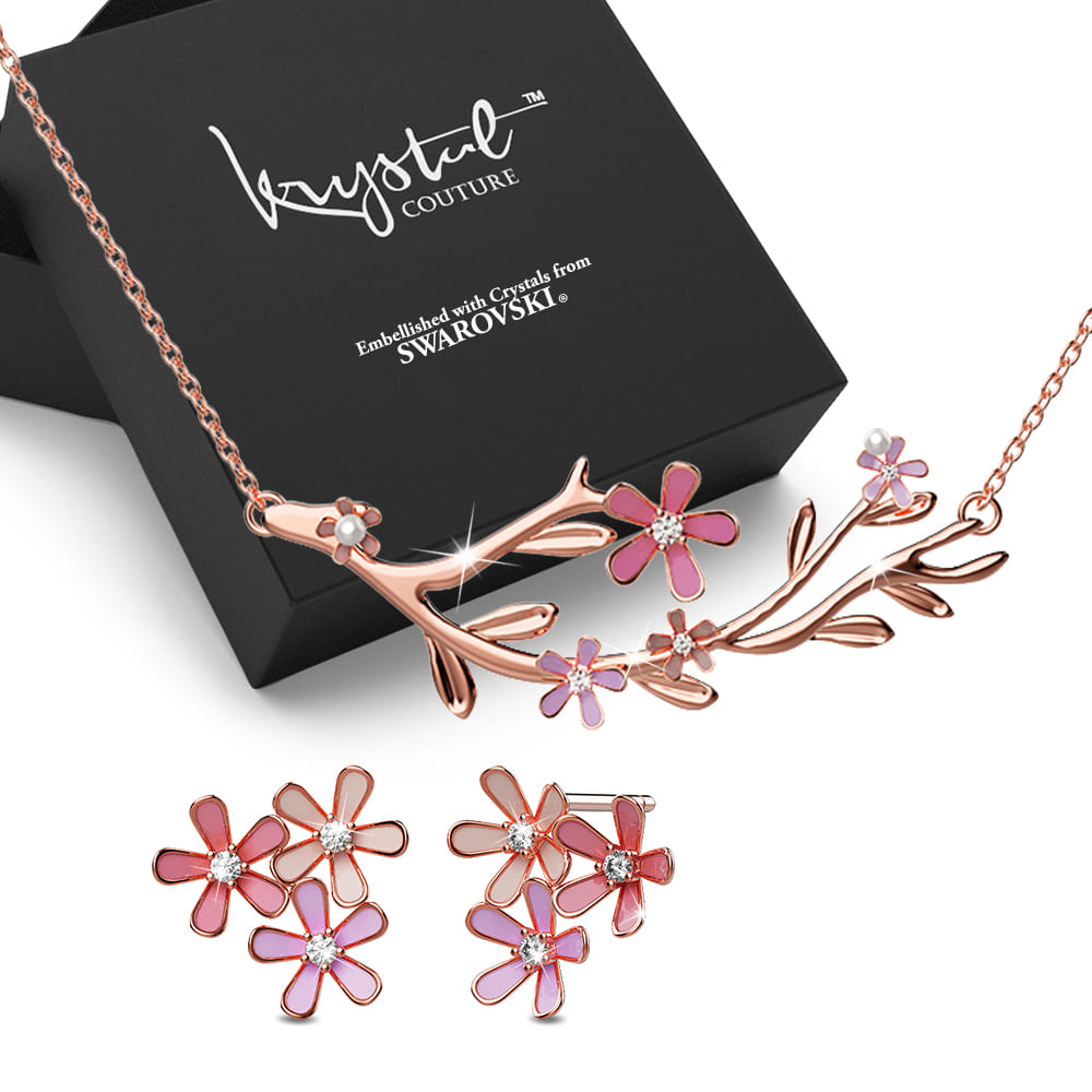 Boxed Petalia Pink Stud Earrings and Necklace Featured Swarovski® Crystals in Rose Gold