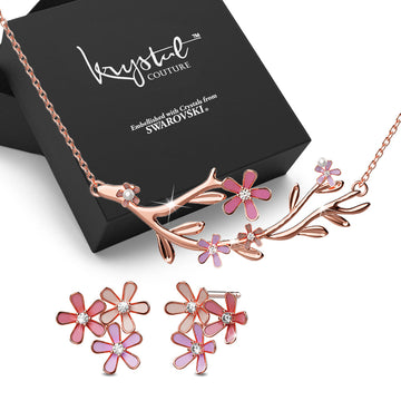 Boxed Petalia Pink Stud Earrings and Necklace Featured Swarovski® Crystals in Rose Gold