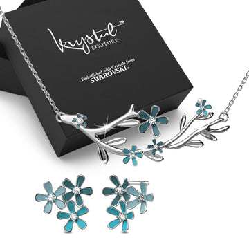 Boxed Petalia Turquoise Blue Stud Earrings and Necklace Featured Swarovski® Crystals in White Gold