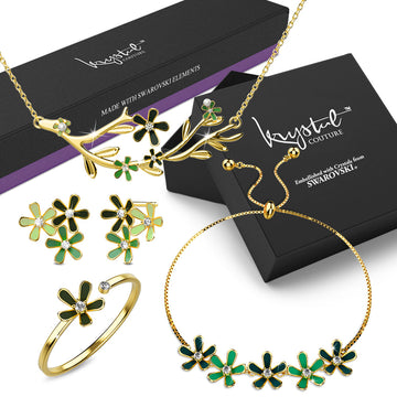 Boxed Petalia Olive Green Jewellery Set Embellished with Swarovski® Crystals in Gold