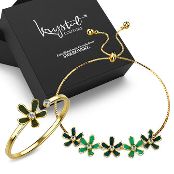 Boxed Petalia Olive Green Ring and Bracelet Featured Swarovski® Crystals in Gold