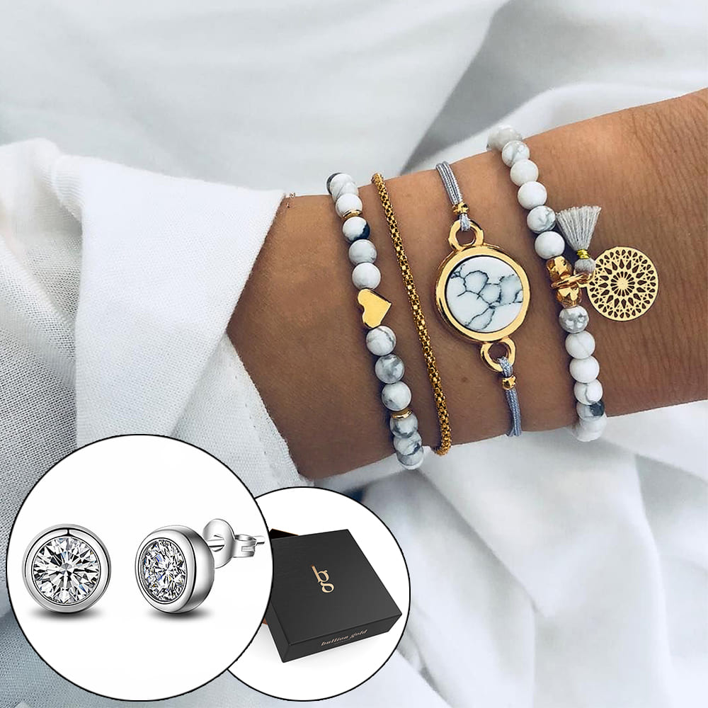 Boxed Bohemian Multi Layered Charm Bead Bracelet and Stud White Gold Plated Earrings Set - Grey