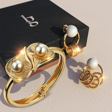 Boxed Helena Pearl & Charm Ring Gold Drop Earrings and Precious Pearl Bangle Set