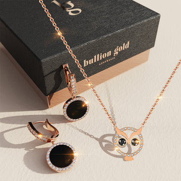 Boxed Jet Black Resin Inlay With Crystals Paved Around Huggie Earrings & Bright-Eyed Owl Short Necklace Set