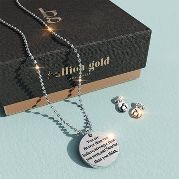 Boxed Brave Inscriptions Pendant Necklace Ball Stud Earrings Set