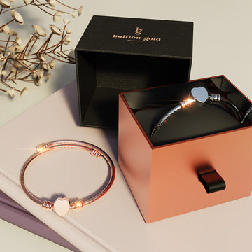Boxed Heart Motif Charmed 2 Pc Bangle in Rose and White Gold
