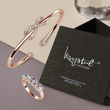 Boxed Soigne Bangle and Ring Set Embellished with Swarovski® Crystals In White Gold