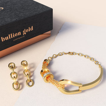 Boxed Knot Gold Stainless Steel Bracelet & Lewis Dangle Gold Layered Earrings Set