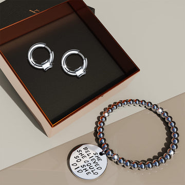 Boxed Silver Chic Earrings & Bracelet Set in White Gold