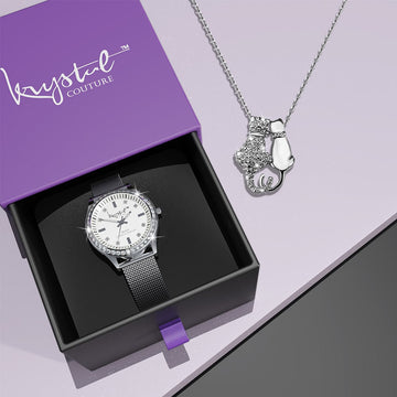 Tabby Boxed Lux White Gold Watch & Feline Necklace Set