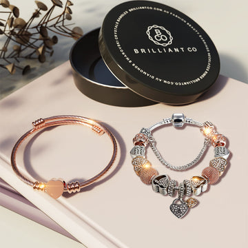 Pandora Inspired Full Beaded Charm Bracelet With Rose Gold Stretched Spiral Coil Bangle Set