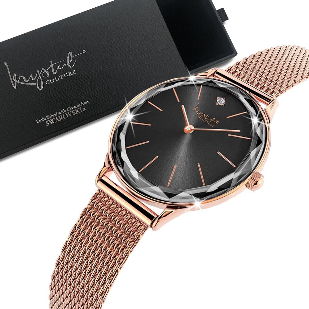 Krystal Couture Geometric Mineral Glass Feat Swarovski¨ Crystal Watch Rose Gold Black - Brilliant Co