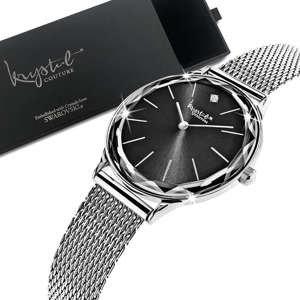 Krystal Couture Geometric Mineral Glass Feat Swarovski® Crystal Watch White Gold Black - Brilliant Co