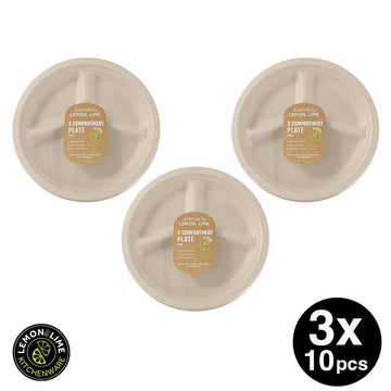 Lemon & Lime ECO SUGARCANE 3 COMPARTMENT PLATE 26CM 30PC - NATURAL