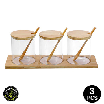 Lemon & Lime 380ML CAMDEN GLASS SPICE JAR 3PC SET BAMBOO TRAY WITH SPOONS