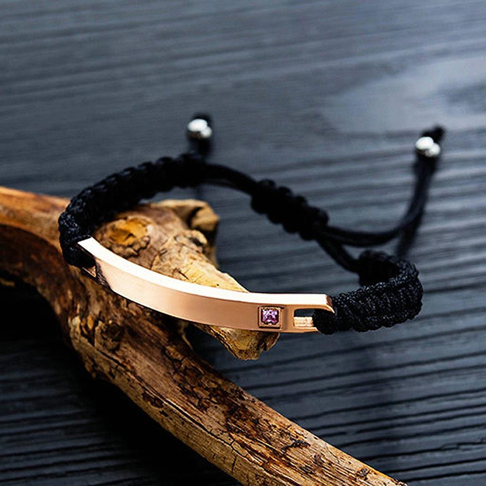 Single Pink Zircon Adjustable Vegan Leather Bracelet Rose Gold