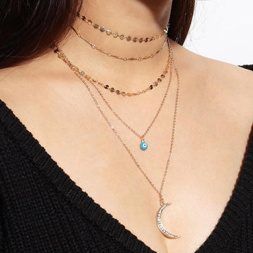 Multilayer 5 Piece Stunning Blue Eye and Moon Layering Gold Necklace - Brilliant Co