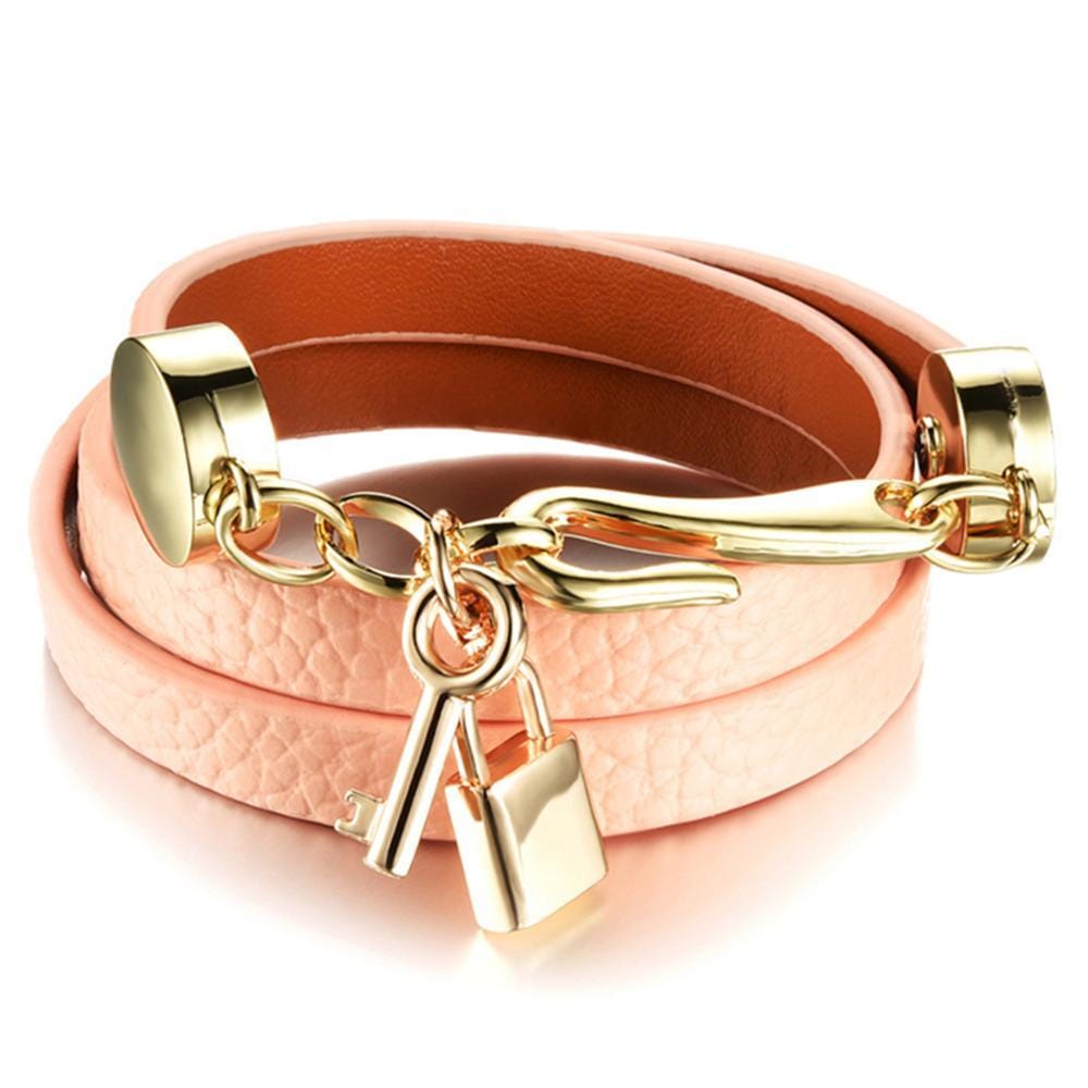 Genuine Cow Leather Wrap Bracelet With 18K Gold Lock & Key Charm