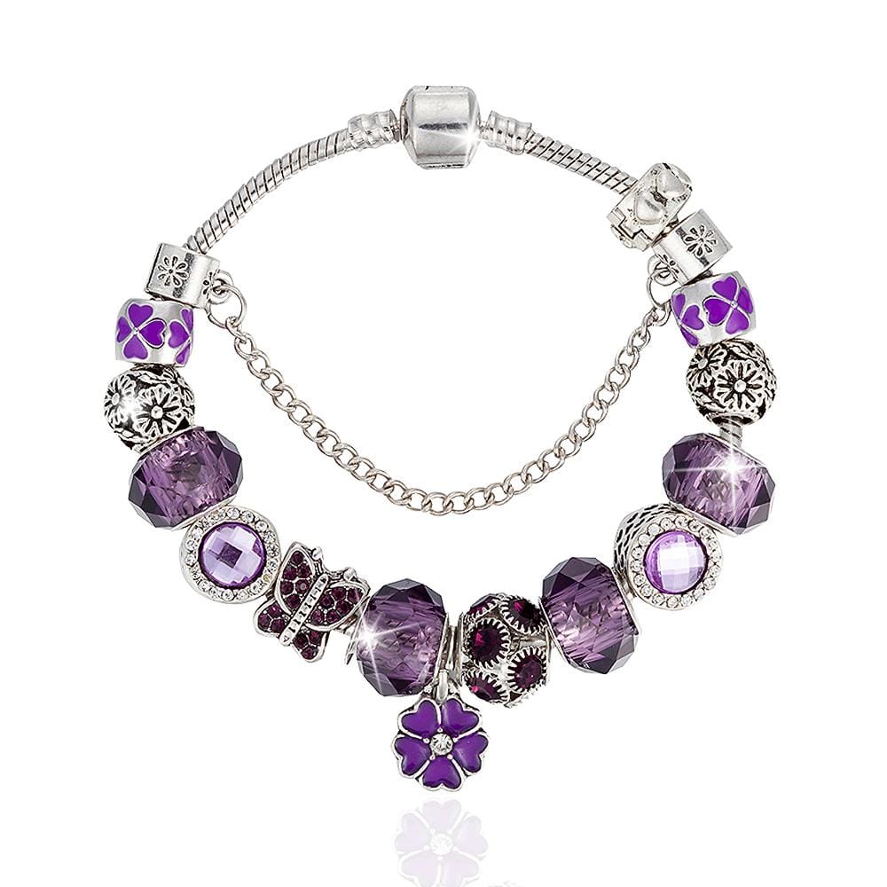 Pandora Inspired Full Set Beaded Charm Bracelet - Purple