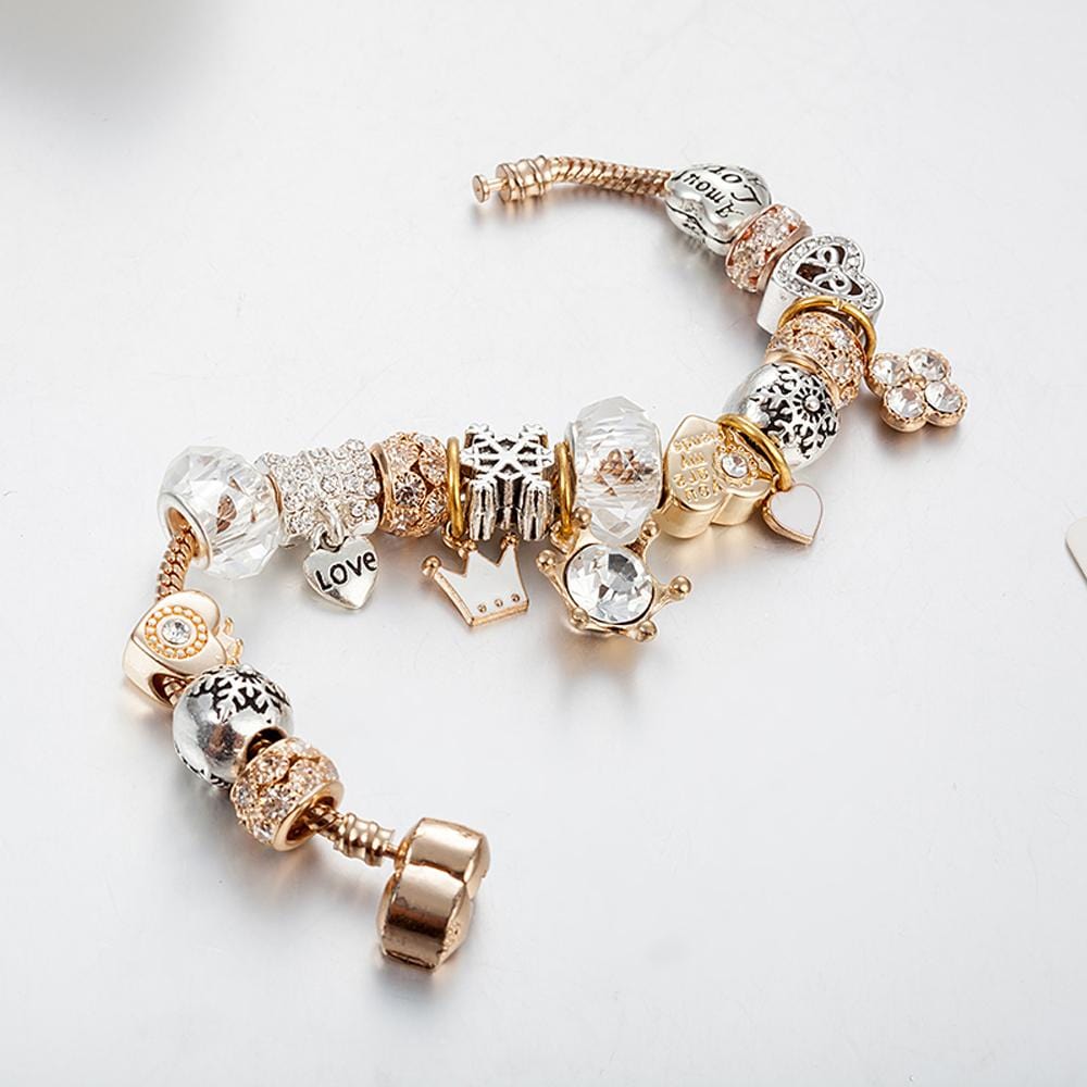 Pandora Inspired Full Set Beaded Charm Bracelet - White/ Gold