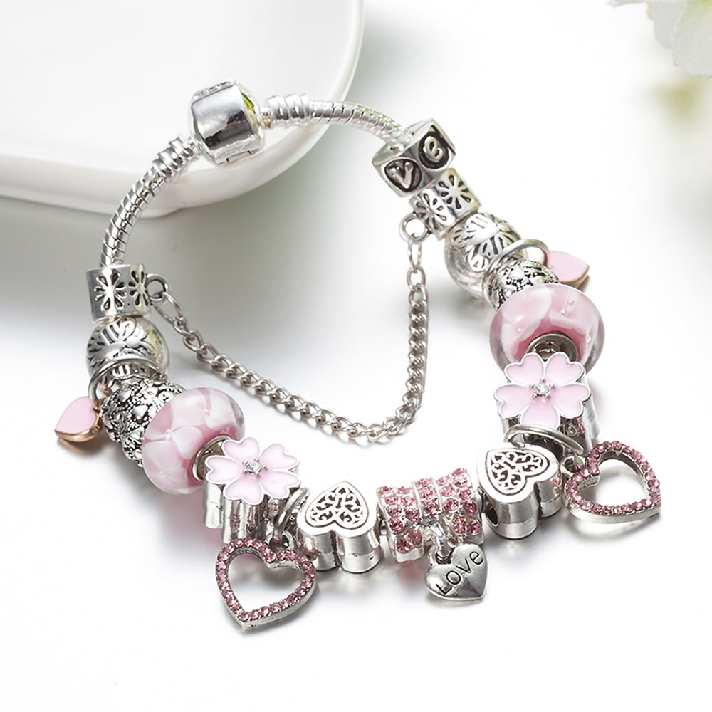 Pandora Inspired Full Set Beaded Charm Bracelet Silver/Pink