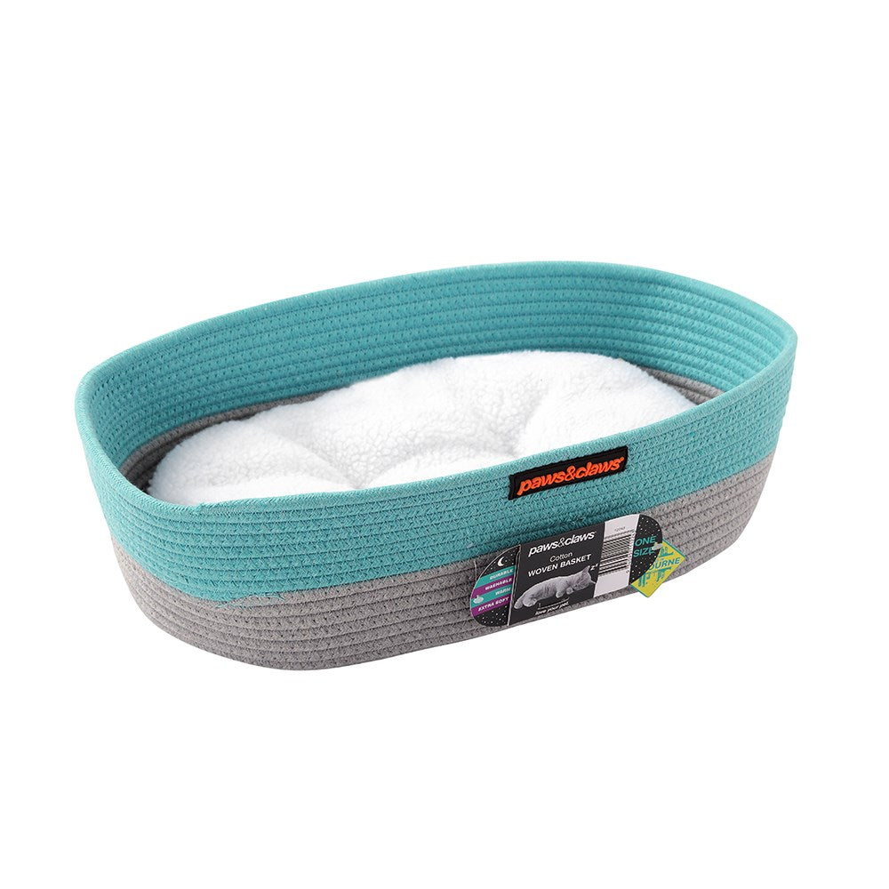 Paws & Claws COTTON WOVEN BASKET CAT BED W/ CUSHION 40X32X13CM