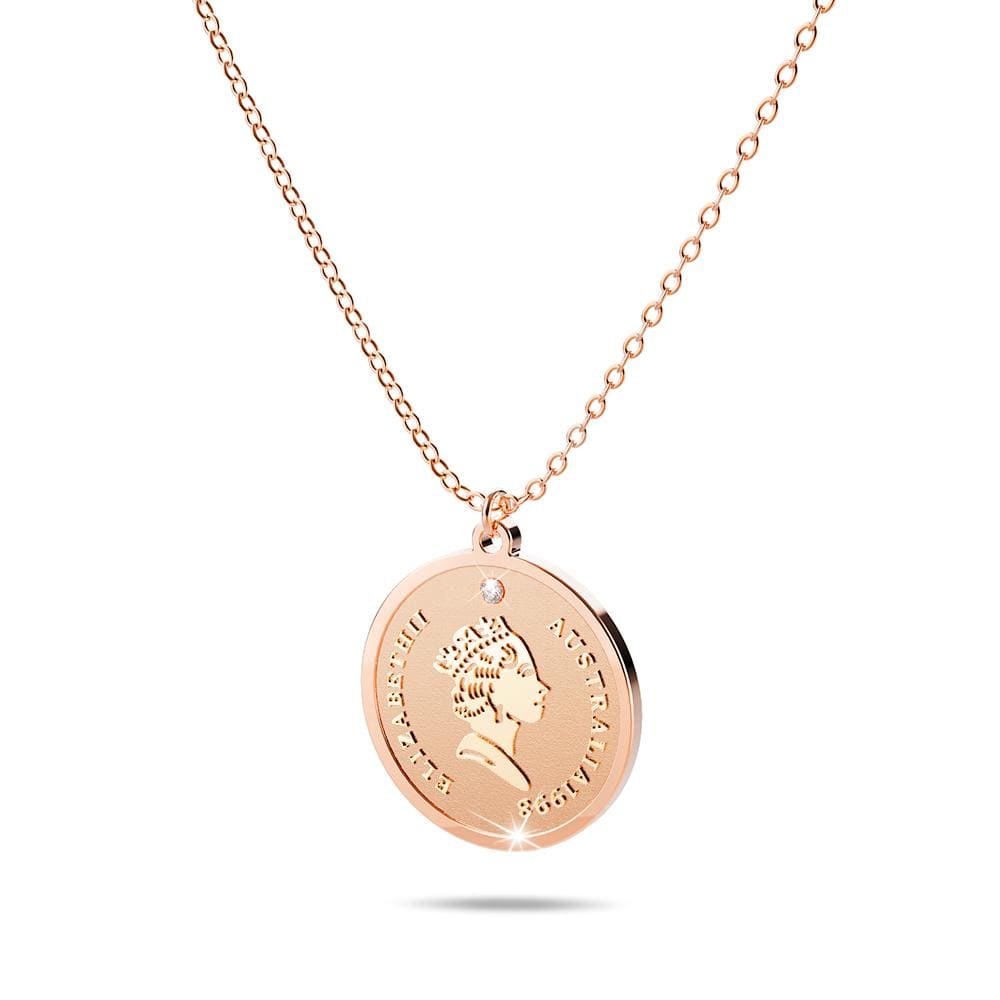 Genuine Single Diamond Set Queen E Medallion Necklace Rose Gold Titanium