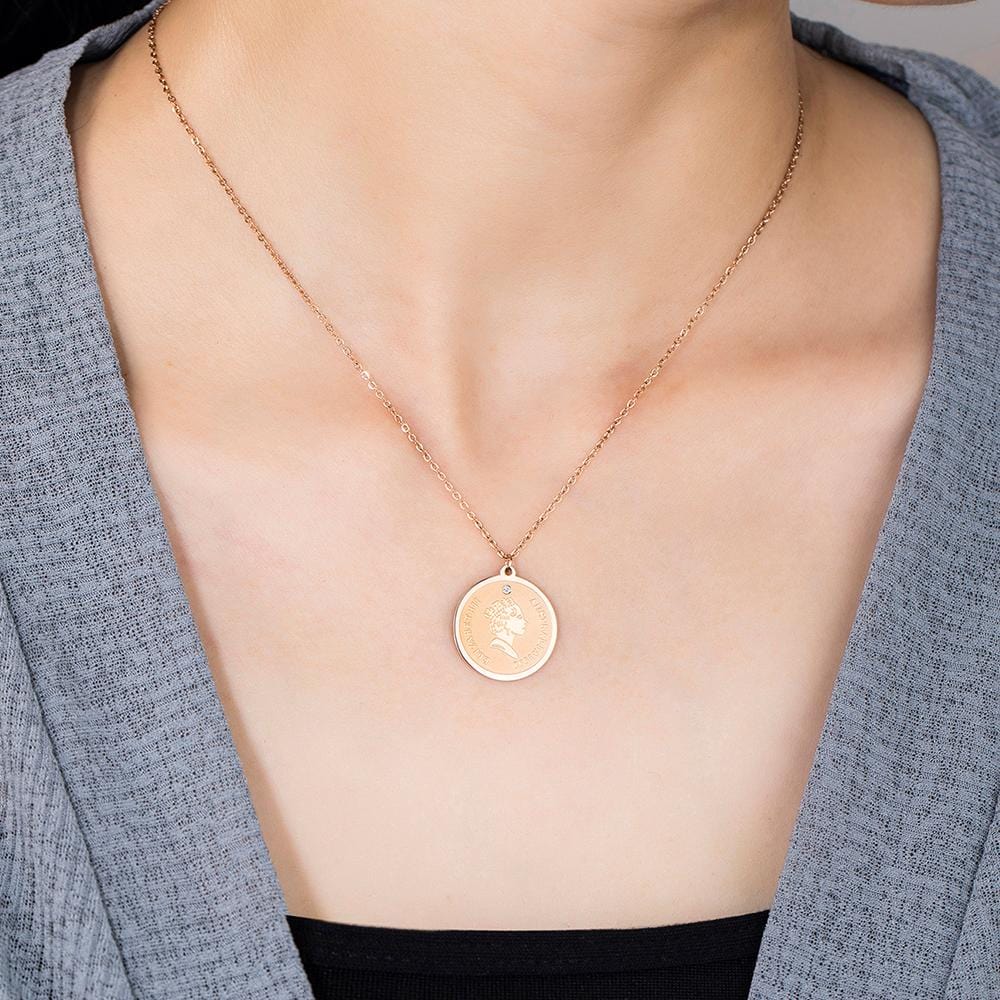 Genuine Single Diamond Set Queen E Medallion Necklace Rose Gold Titanium