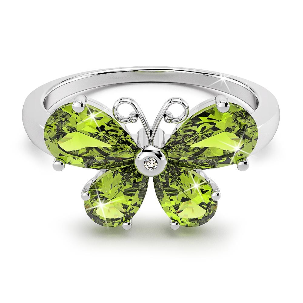 Solid Sterling Silver with 4pcs Pear Cut Butterfly Peridot Diamond Ring