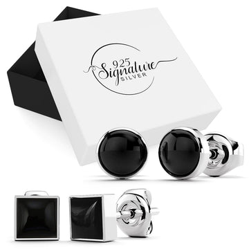 Boxed Solid 925 Sterling Silver 2 Pairs Bezel Onyx Earrings