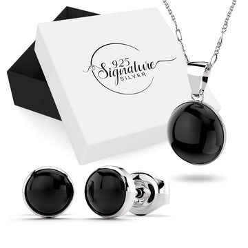 Boxed Solid 925 Sterling Silver Bezel Onyx Necklace and Earrings Set
