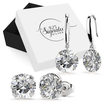 Boxed Solid 925 Sterling Silver 2 Pairs Clear Prong Earrings Set