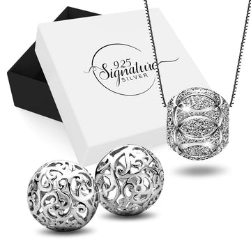 Boxed Solid 925 Sterling Silver Bead Charm Necklace and Filigree Earrings Set