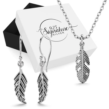 Boxed Solid 925 Sterling Silver Antique Feather Pendant and Earrings Set