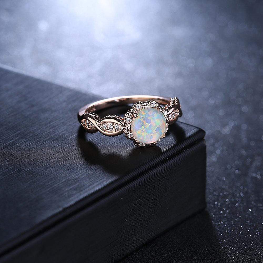 Vintage Inspired Cabochon Imitation Opal Flower Rose Gold Layered Band Ring